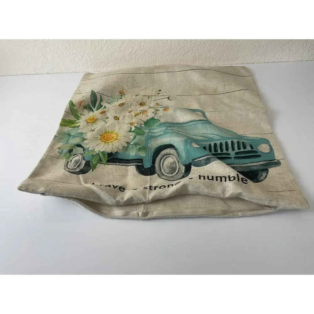 Set of 4 Farmhouse Floral Throw Pillow Covers 18x18 Daisy Bee Truck Beige